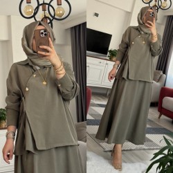 Yandan bağlamalı etekli takım haki